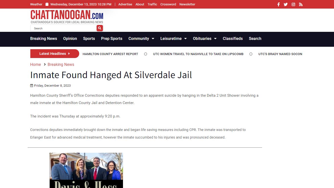 Inmate Found Hanged At Silverdale Jail - Chattanoogan.com